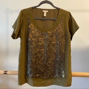 J Crew Olive Green Silk Sequined Top